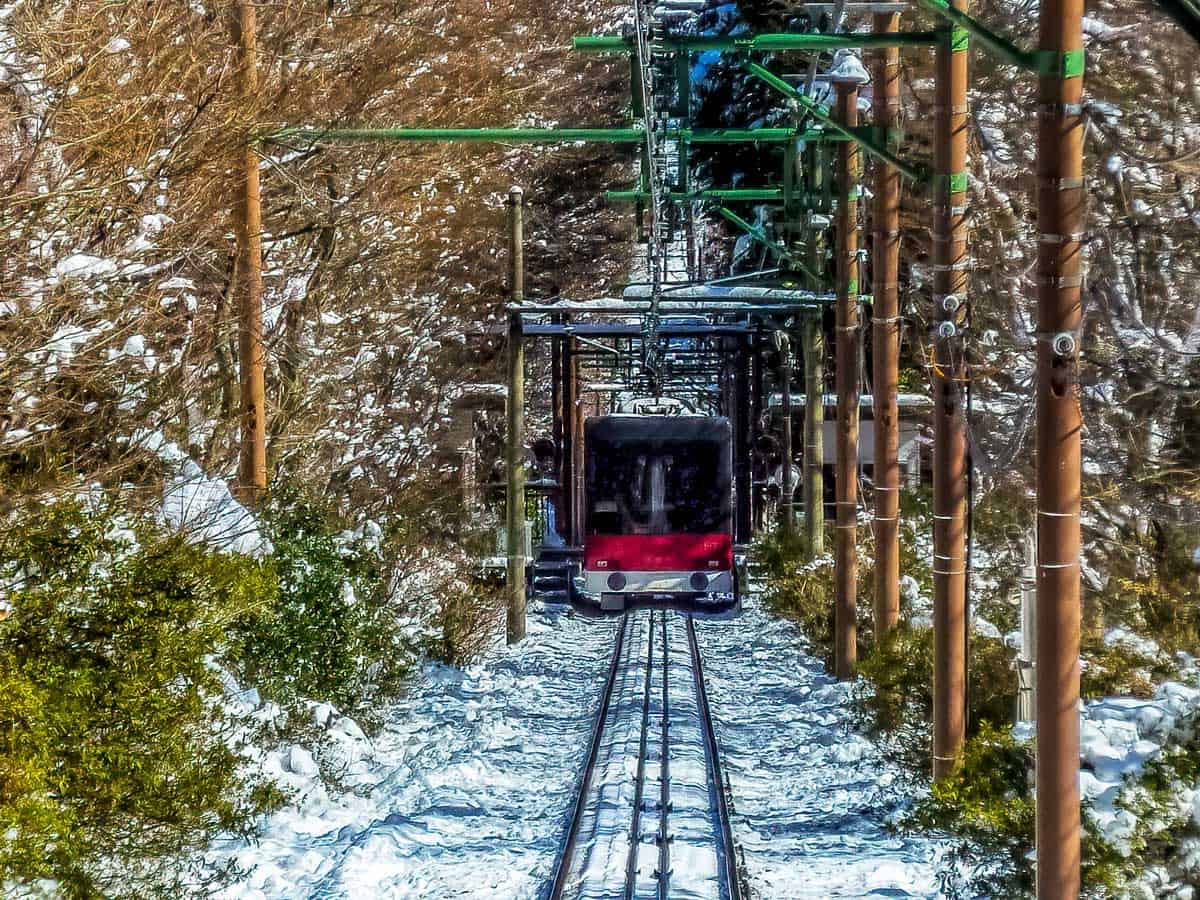 Cable car in snow at Hakone