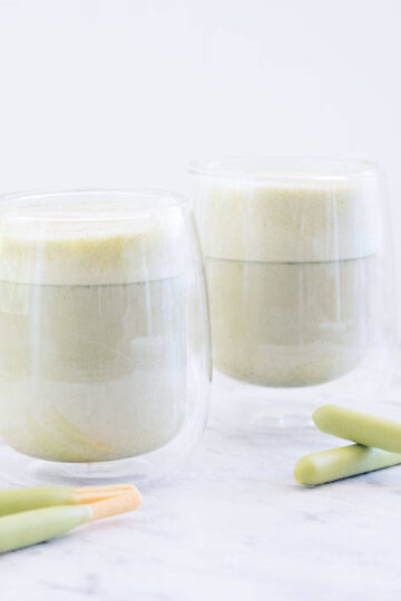 Soy matcha latte with matcha pocky sticks