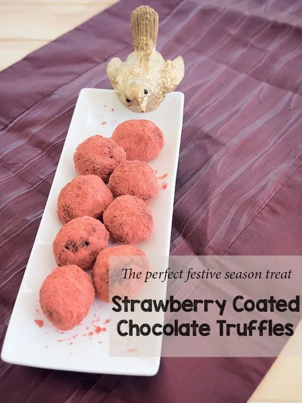 No berries in season for Christmas? Not to worry we turn the chocolate dipped strawberry inside out and create the equally decadent Strawberry dipped chocolate truffle