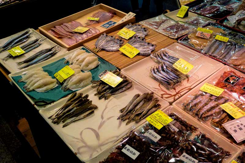 Fish of all shapes and sizes for sale at Nishiki market