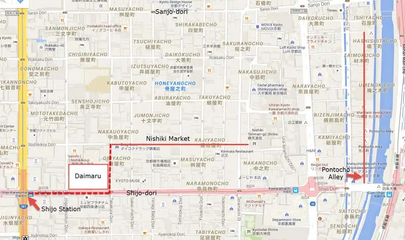 Map to find Nishiki Market in Kyoto