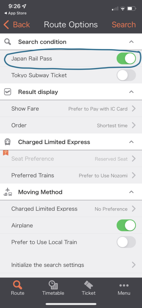 Japan Transit App - Japan Rail Pass setting