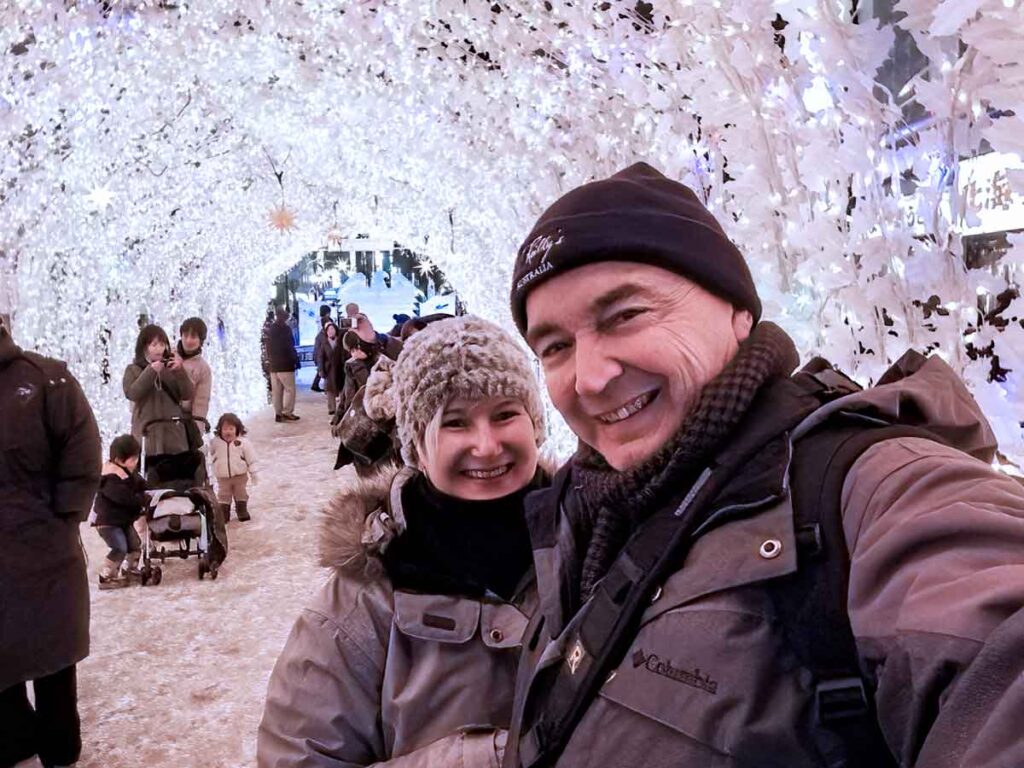 Toni and Drew in lights tunnel at Sapporo Snow Festival