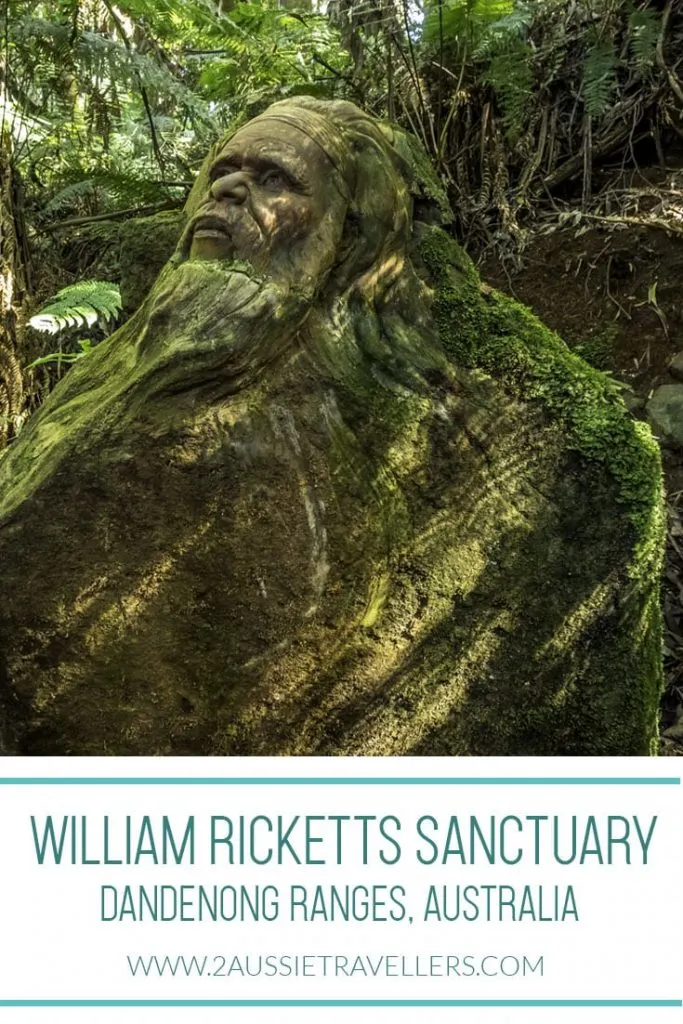 Pottery sculpture at William Ricketts sanctuary of a man with forest backdrop