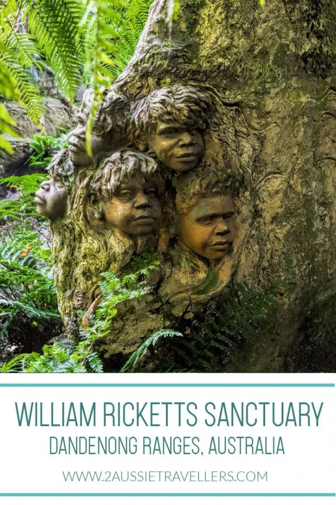 Pottery sculpture at William Ricketts sanctuary of children with forest backdrop