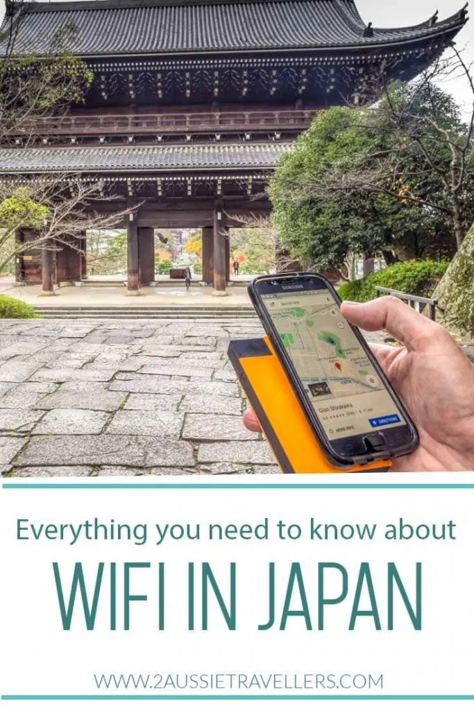 Wifi device and phone in front of temple gate in Japan