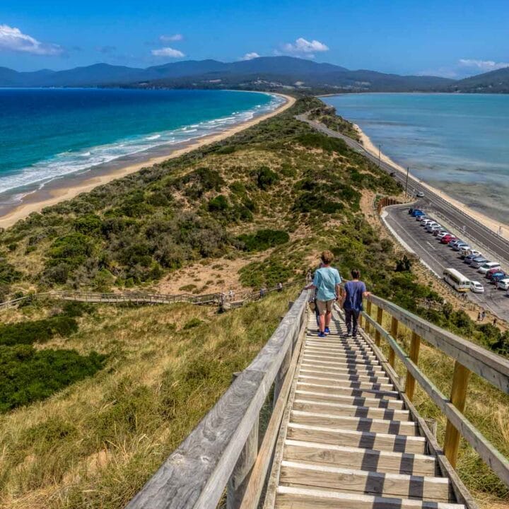 From the lookout down the narrow peninsula on Bruny Island