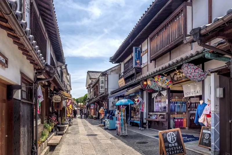 Heritage shopping street in Kurashiki in Japan showing the Hokusai Graphic artistic umbrella and parasol store 