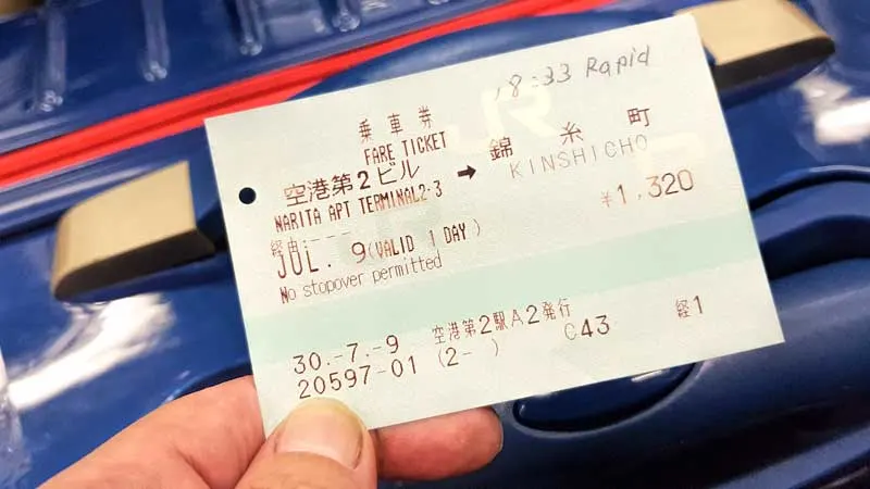 Japan rail train ticket from Narita Airport with suitcase behind