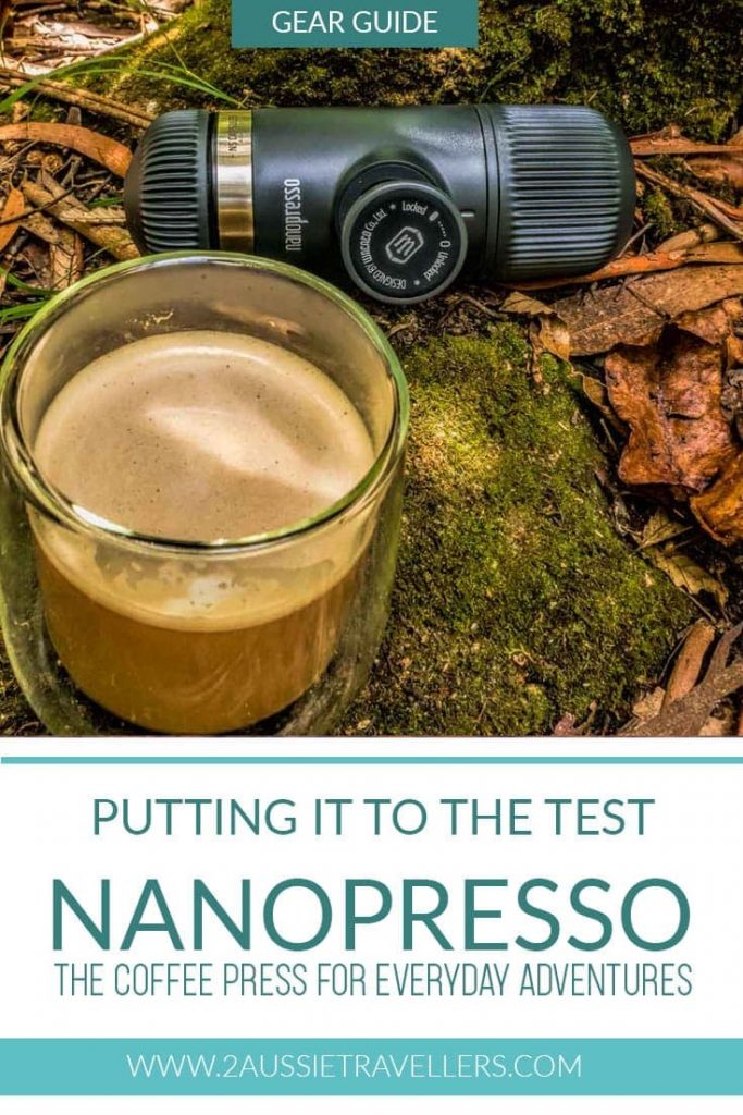 Making coffee with the Nanopresso beside a mossy rock in the forest