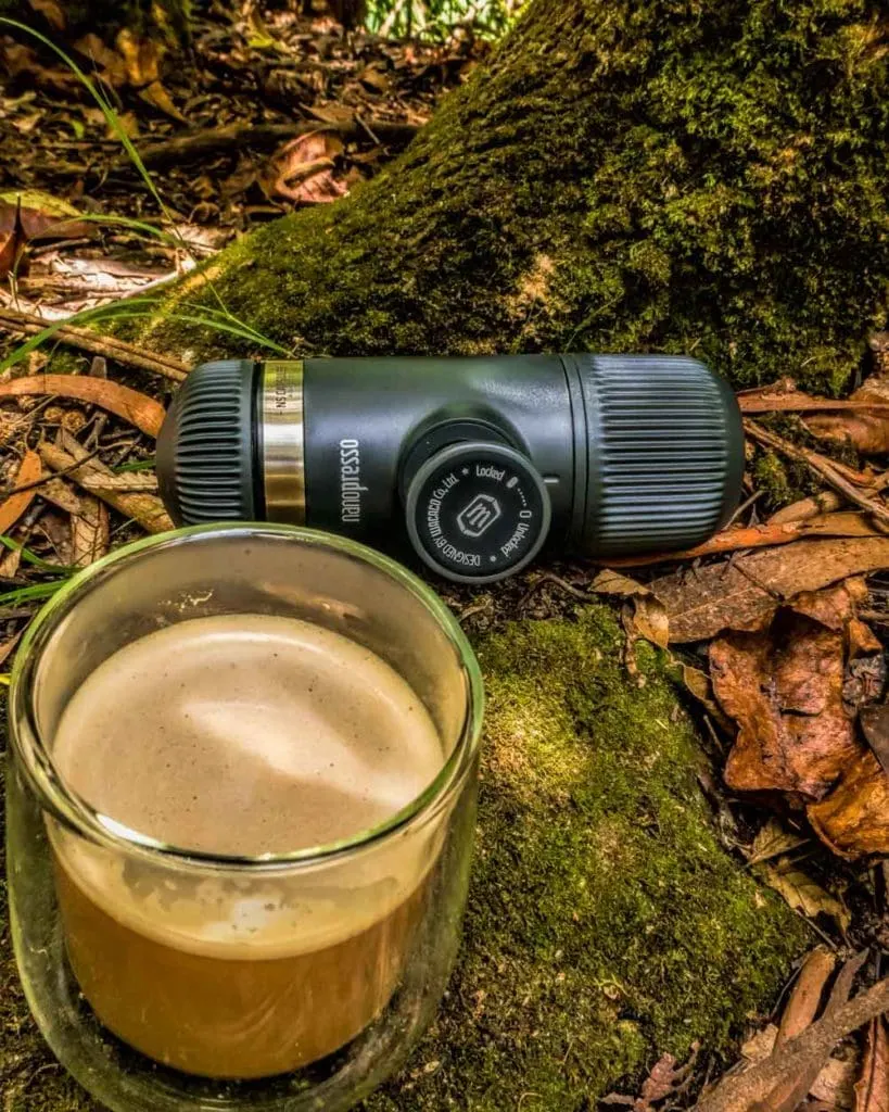 Nanopresso coffee press sitting on mossy rock with fallen forest leaves behind