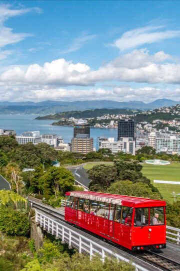 Cable car with view out over Wellington and harbour behind it