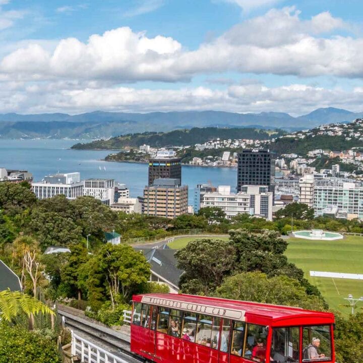 Cable car with view out over Wellington and harbour behind it
