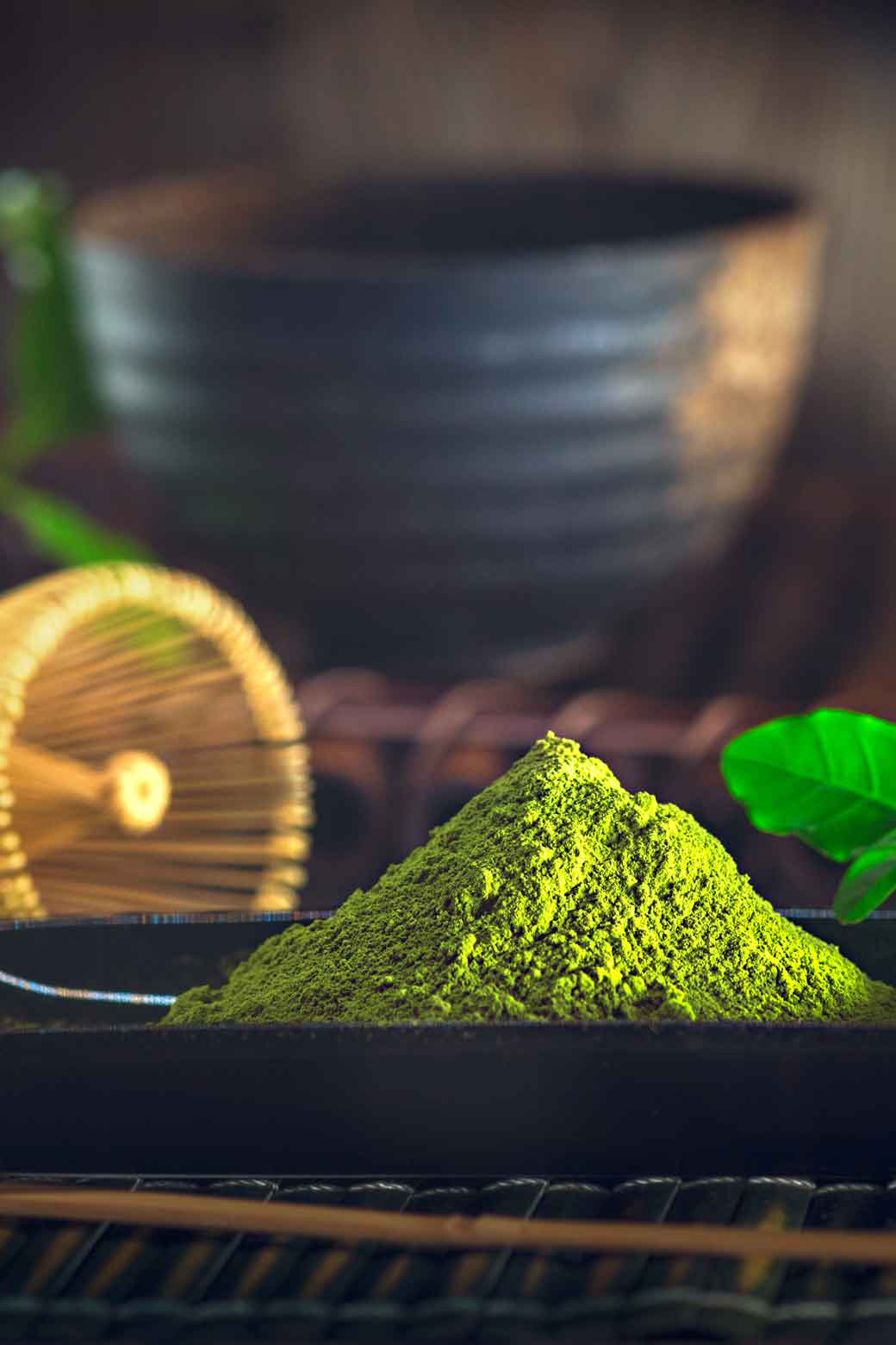Powdered green tea with Japanese tea utensils