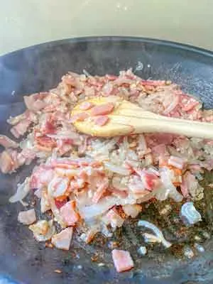 cooking bacon, onion and garlic