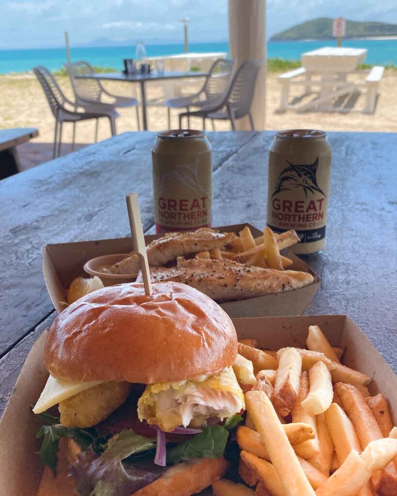 Burger and fish lunches at Hideaway bar on Great Keppel Island