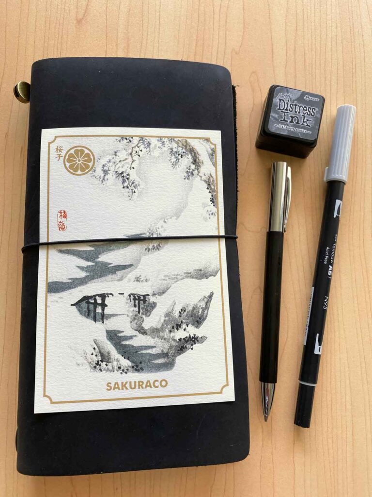 Travelers notebook, pens and Sakuraco postcard