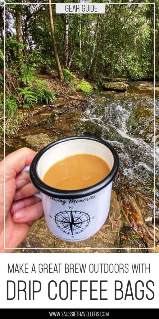 Drip coffee in forest by stream
