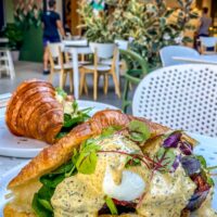 Feature photo - best cafes in Brisbane - eggs benedict on white table