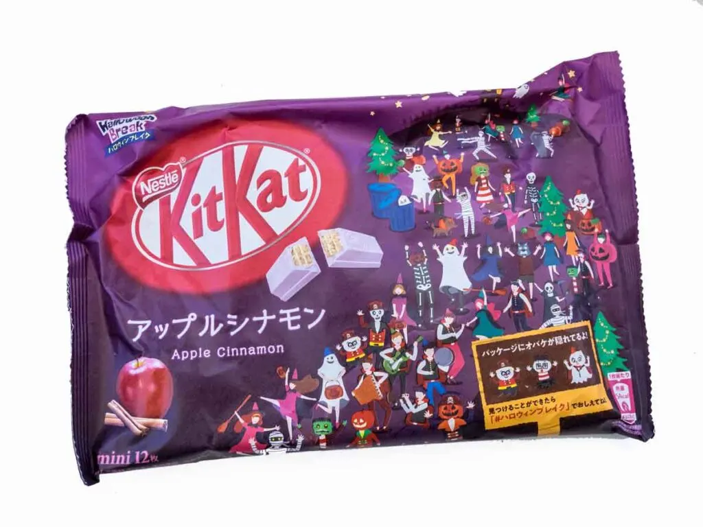 Japanese kit kat family snack pack with apple and cinnamon chocoate wafers inside