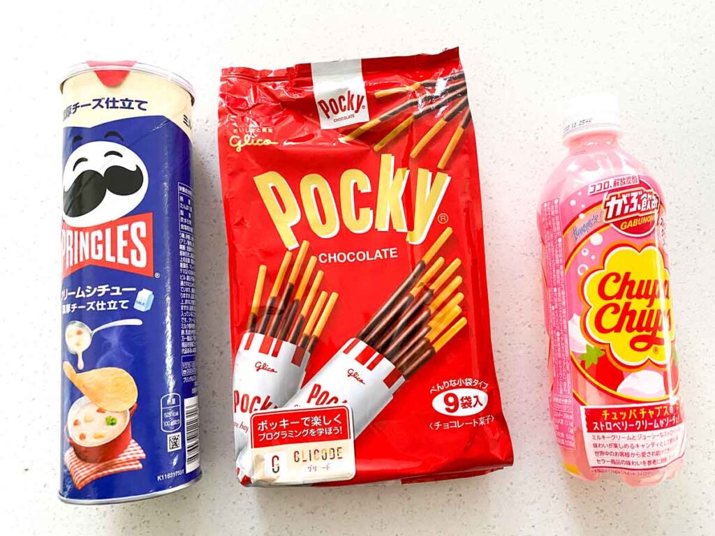 Japanese chips, drink and chocolate snack
