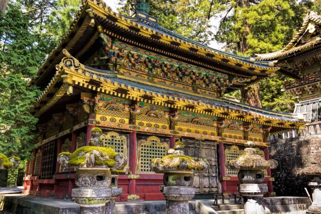 Temple building in Nikko with intricate carving and gold overlay