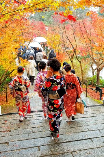 Ladies in kimono for autumn leaves at Eikando temple in Kyoto