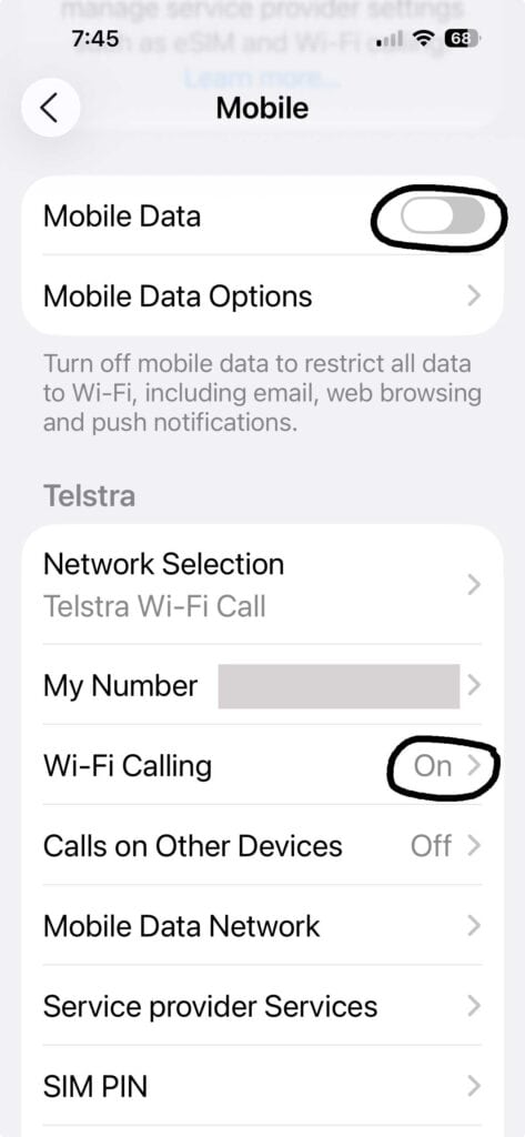 Settings for WIFI calling on iPhone